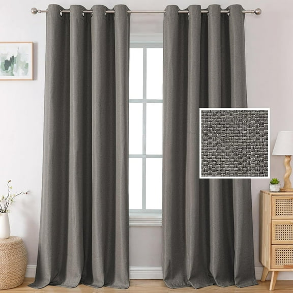 Linen Blackout Curtains 96 Inches Long for Bedroom/Living Room Thermal Insulated Curtain Drapes Primitive Linen Burlap Effect Window Draperies 2 Panels - Heather Taupe Gray