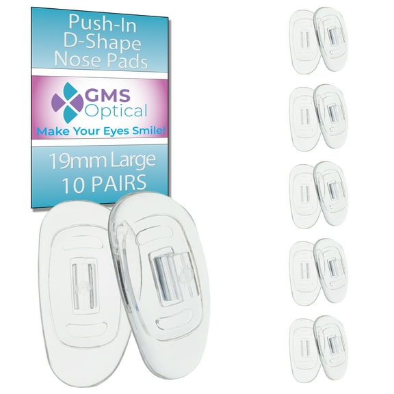 GMS Optical 19mm Long Length / 6mm Medium Width / 2.5mm Thick – D Shape Push-In Soft Silicone Nose Pads for Glasses, Eyeglasses & Sunglasses (5 Pair, Clear)