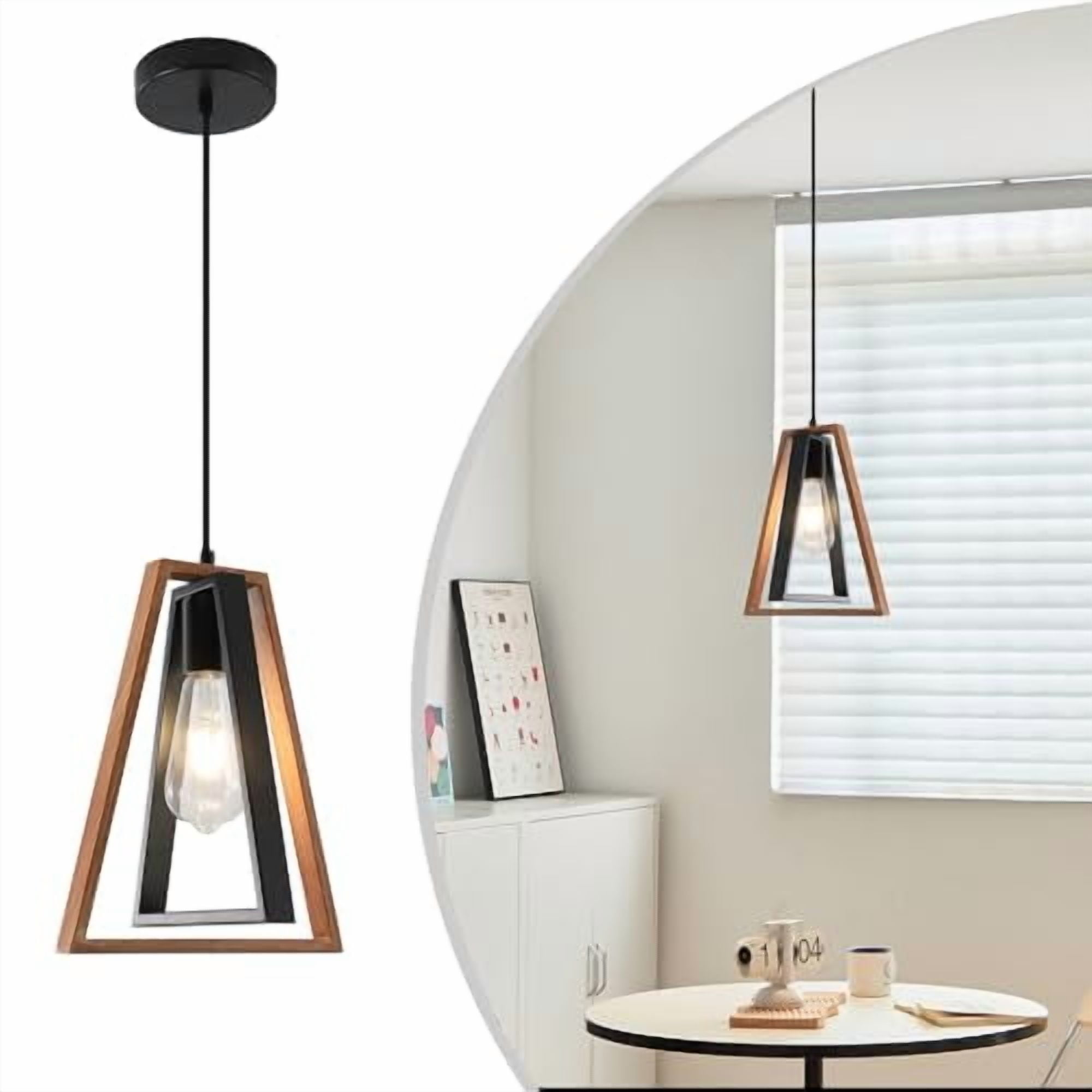 Farmhouse Rustic Wood Pendant Lights Kitchen Island Industrial Black Matte Pendant Lighting Adjustable Rustic Mini Wooden Hanging Light Fixtures for Dining Room Foyer Hallway MPL28