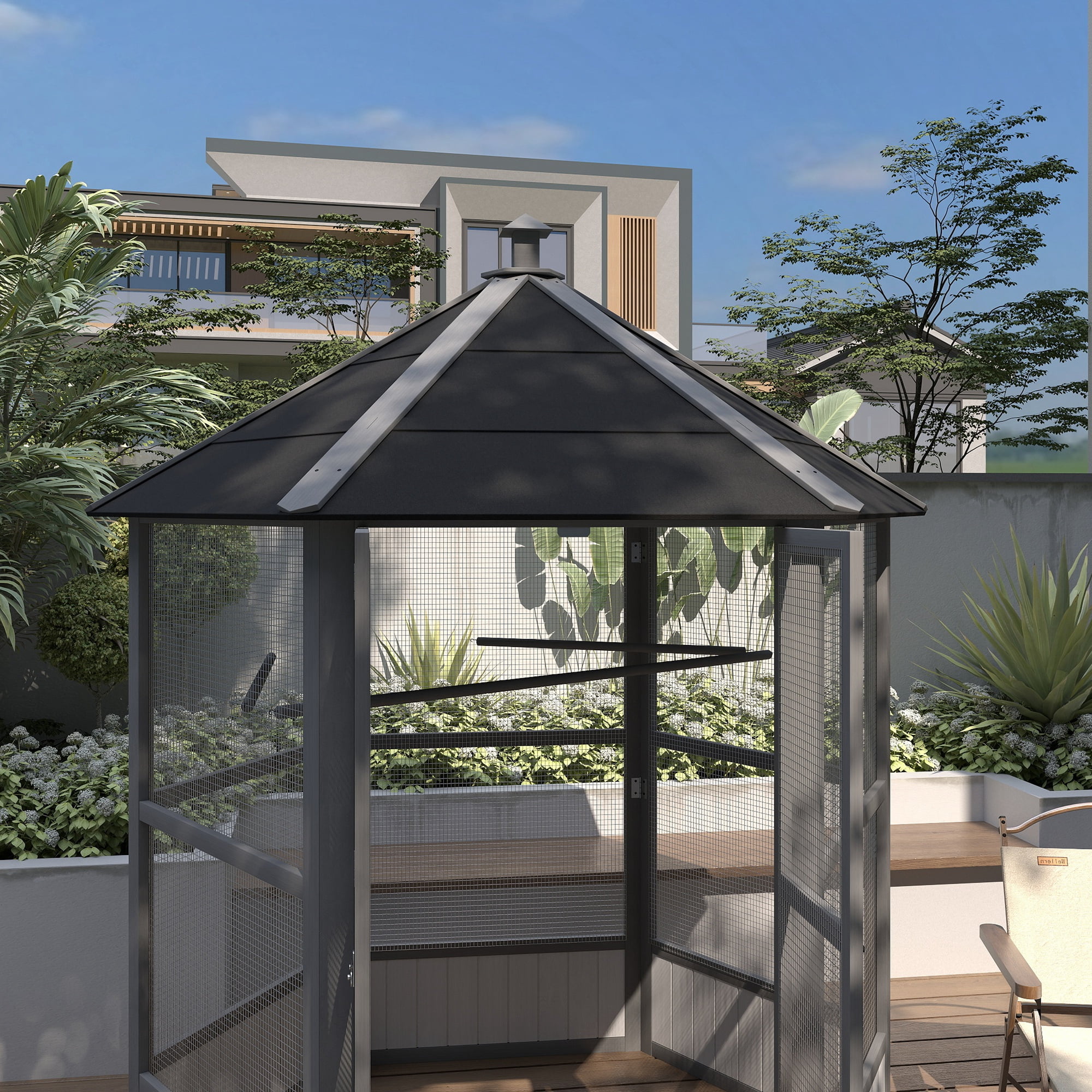 PawHut 69" Large Wooden Hexagonal Outdoor Aviary Flight Bird Cage With Covered Roof, Light Gray