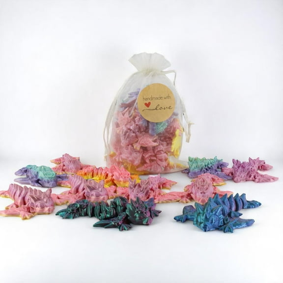 PowerTRC 3D Printed Dragon Baby Wyverns Pack of 10 – 3 Inch Articulated 3D Printed Dragon Desk Toys, Flexible Fidget Dragons, Party Favors, Gift Bag Fillers, Silk Rainbow with Drawstring Bag