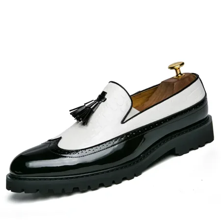 

Men‘s Leather Wing-tip Crocodile Print Casual Slip On Tassel Loafer Shoes