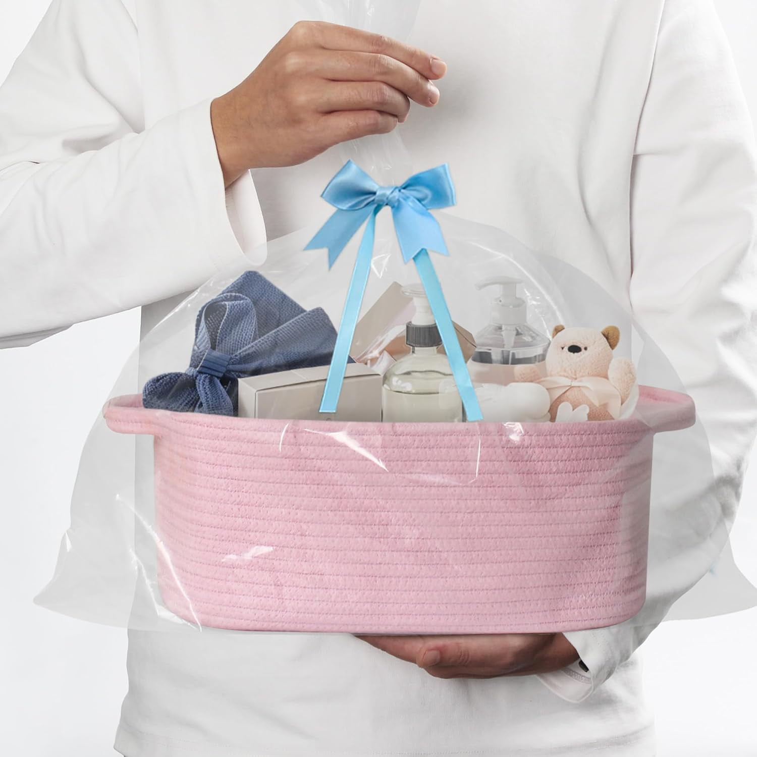 Pink Woven Storage Basket, Cotton Rope Gift Basket Empty, Cute Organizer for Girls, Decorative Baby Nursery Closet Bin, Pink Room Decor, Gift Ready Bin with Handle, Wicker Pet Toy Storage Box