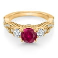 thumbnail image 2 of Gem Stone King 18K Yellow Gold Plated Silver Red Created Ruby White Lab Grown Diamond and White Moissanite Engagement Ring for Women (1.47 Cttw, Gemstone July Birthstone, Round 6MM and 3MM, Size 5), 2 of 4