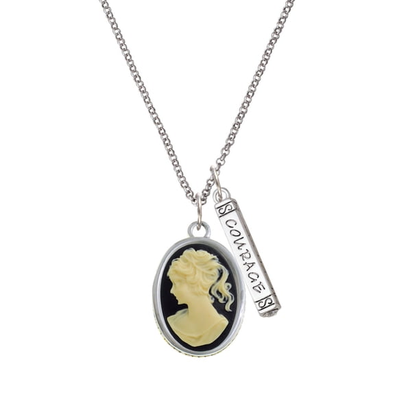 Delight Jewelry Silvertone Oval - Black Cameo - Silvertone Courage Strength Wisdom Honesty Bar Charm Necklace, 23"
