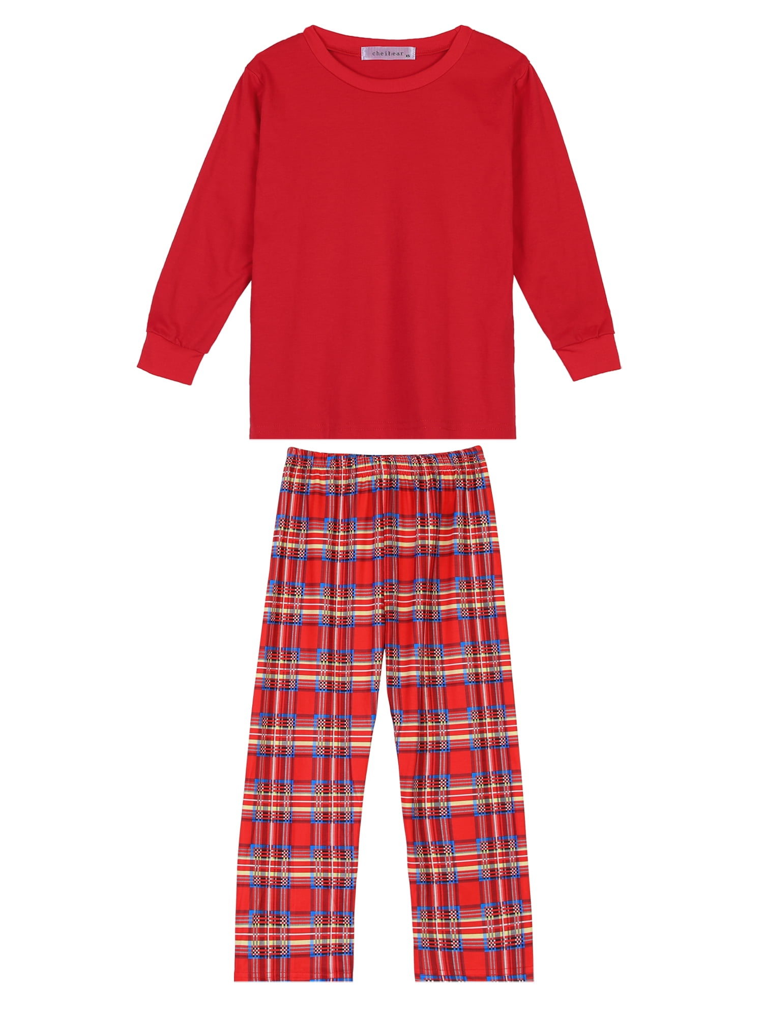 Unique Bargains Christmas Long Sleeve Solid Tops Tee with Plaid Pants Family Pajama Sets XS Big Boys