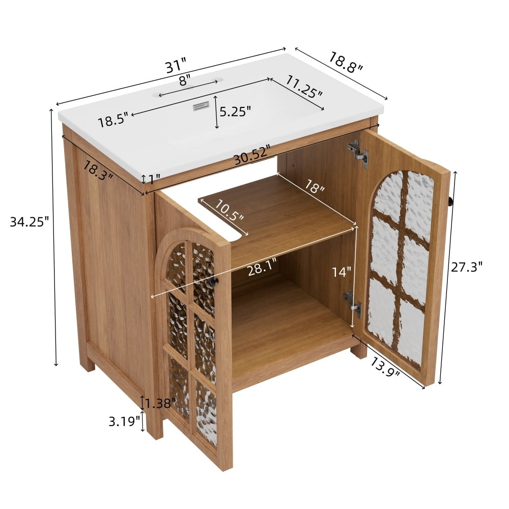 31-Inch Antique Natural Farmhouse Bathroom Vanity with Integrated Ceramic Sink - Vintage Rustic Cabinet, 2 Soft-Closing Doors, Adjustable Shelf, Bronze Pulls, Rubber Wood Legs & Tempered Glass