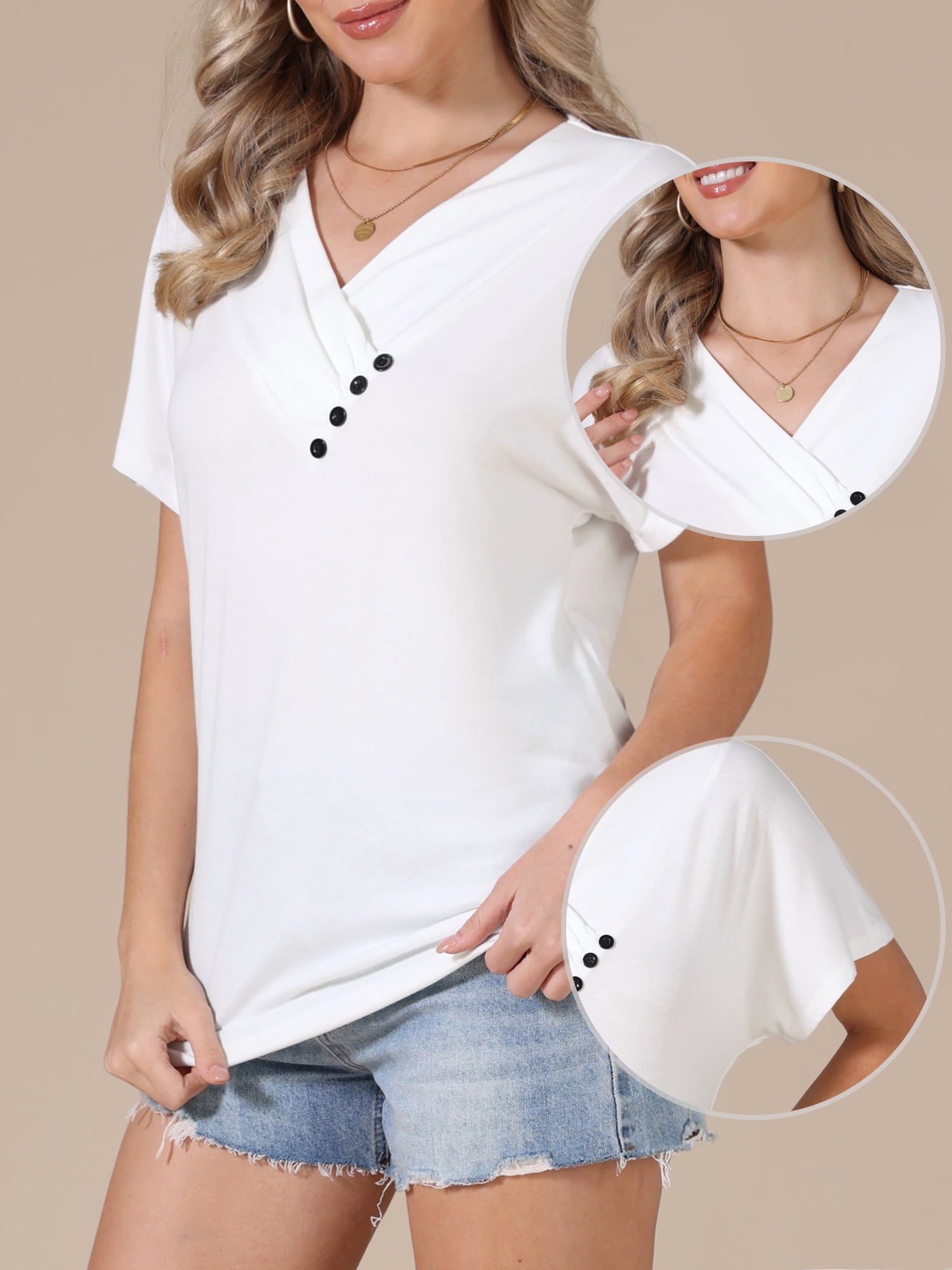 DARING DIVA Women's Summer Short Sleeve Tunic Tops Casual V Neck Button Shirts M White