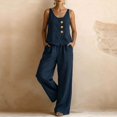 thumbnail image 2 of Domzest Womens 2 Piece Linen Blend Set Sleeveless Button Tank Top & Wide Leg Pants Set Summer Casual Outfits Dark Blue L, 2 of 4