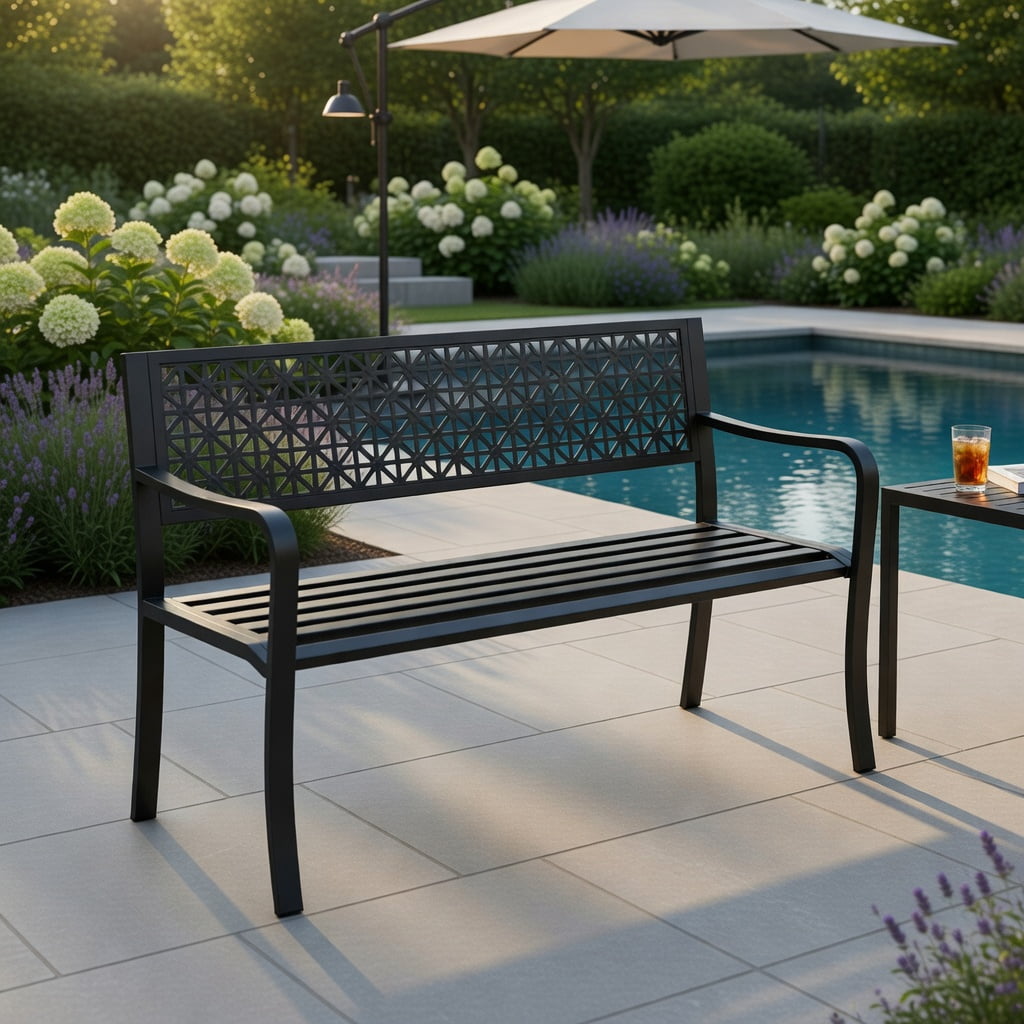 Hommoo 50" Metal Garden Bench for 2-3 People, Stylish Patterned Backrest, Curved Armrests, Heavy-Duty Outdoor Patio Seating, Black