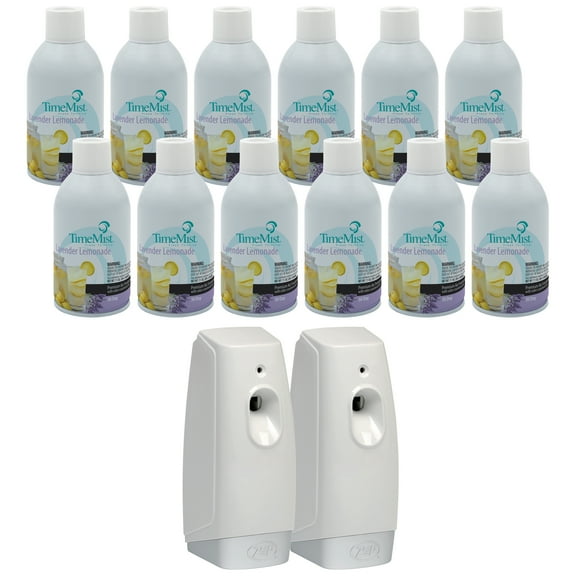 TimeMist Premium Metered Air Freshener Refills, Lavender Lemonade (Case of 12) with Meter Mist 3000 Ultra Dispenser (2 Pack)- 1042757 - Lasts Up To 30 Days and Neutralizes Tough Odors
