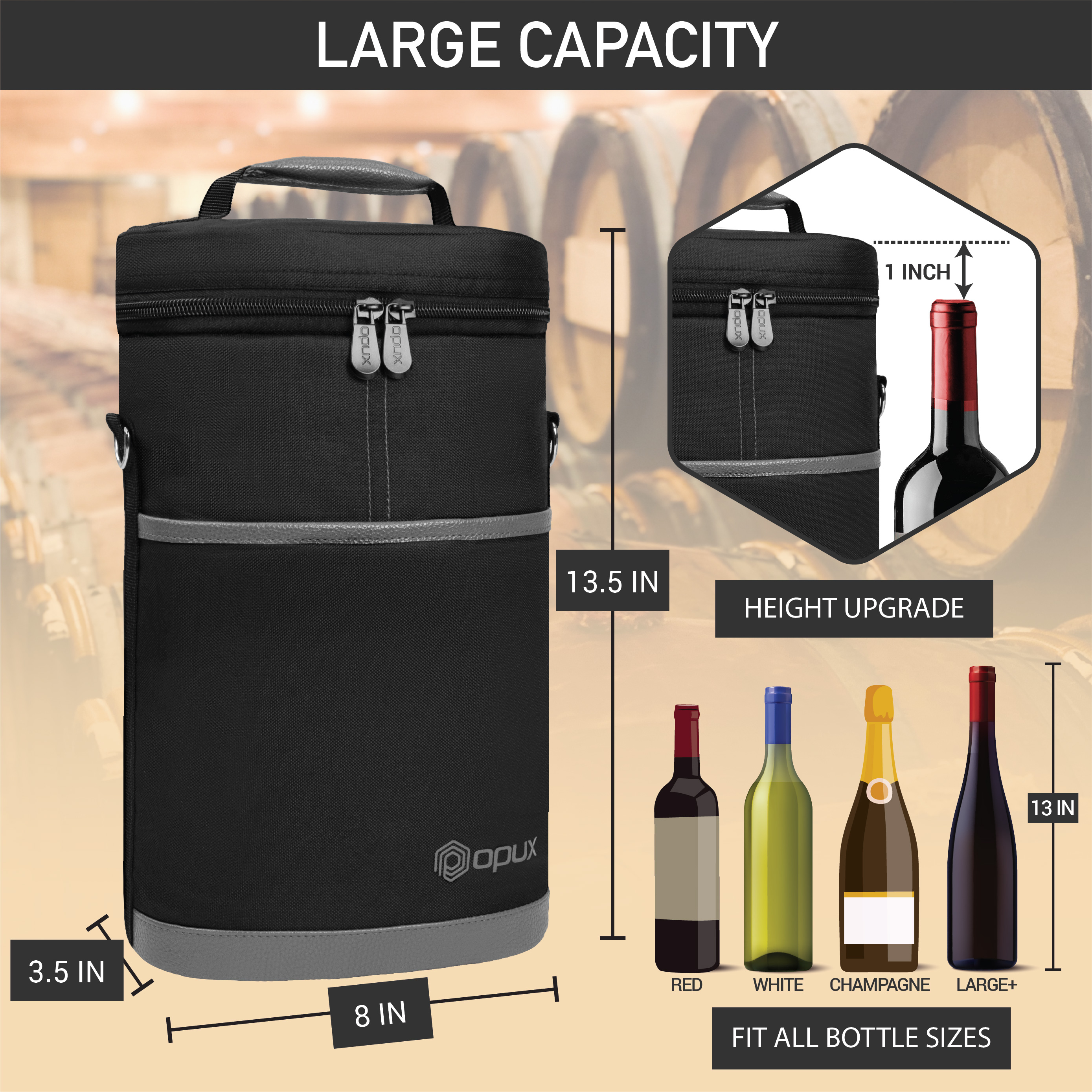 OPUX 2 Bottle Wine Carrier Tote, Insulated Leakproof Wine Cooler Bag, Wine Travel Bag Tote for Picnic BYOB Beach, Portable Wine Bottle Carrying Case, Gift for Wine Lover Women Men Christmas, Dark Grey - image 3 of 9