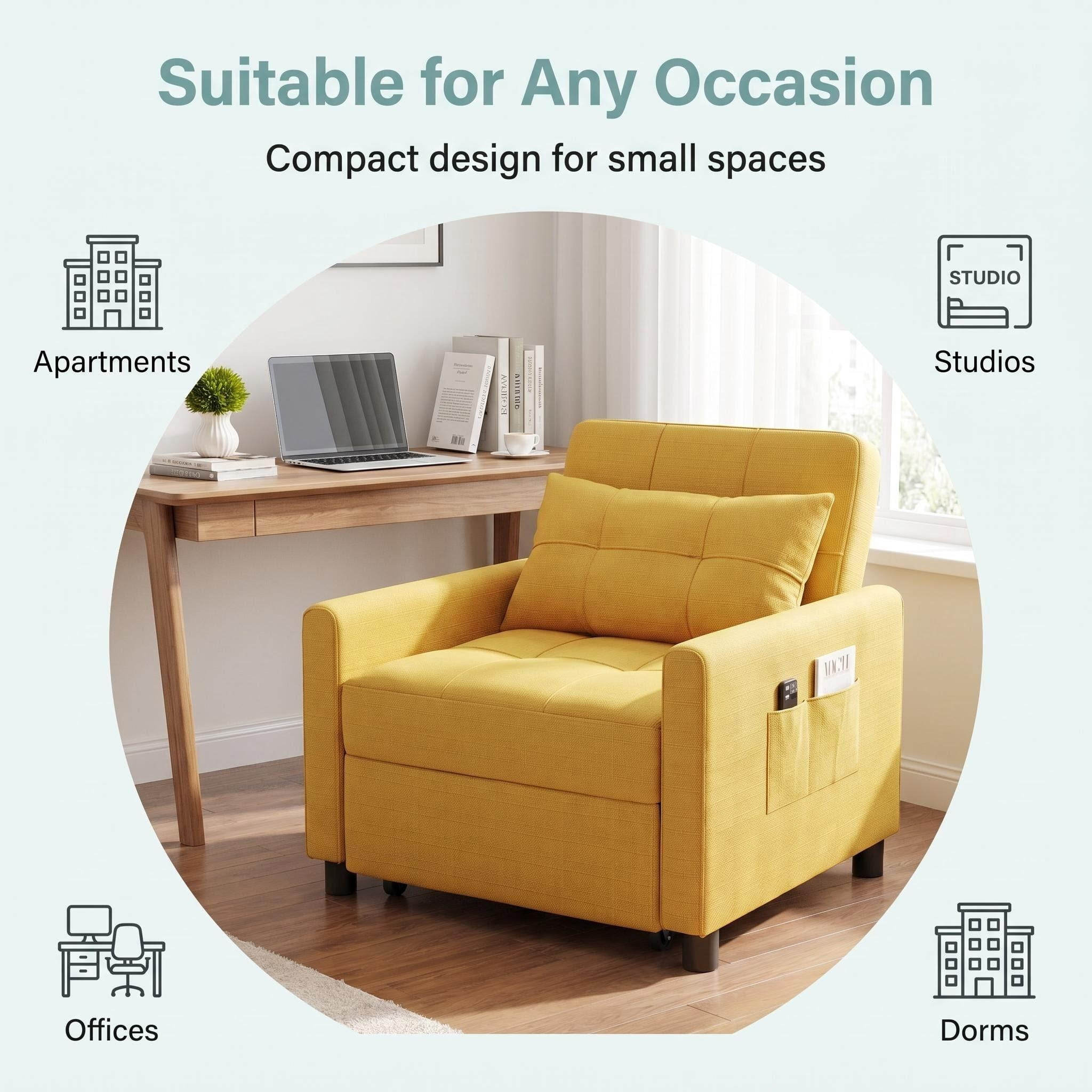 Sleeper Sofa, Lofka 3 in 1 Convertible Single Sofa Bed with Adjustable Backrest for Living Room, Bedroom, Yellow