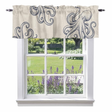 Kitchen Cafe Valance Curtain for Small Windows Marine Octopus Sea Monster Rod Pocket Short Valances 54x18in