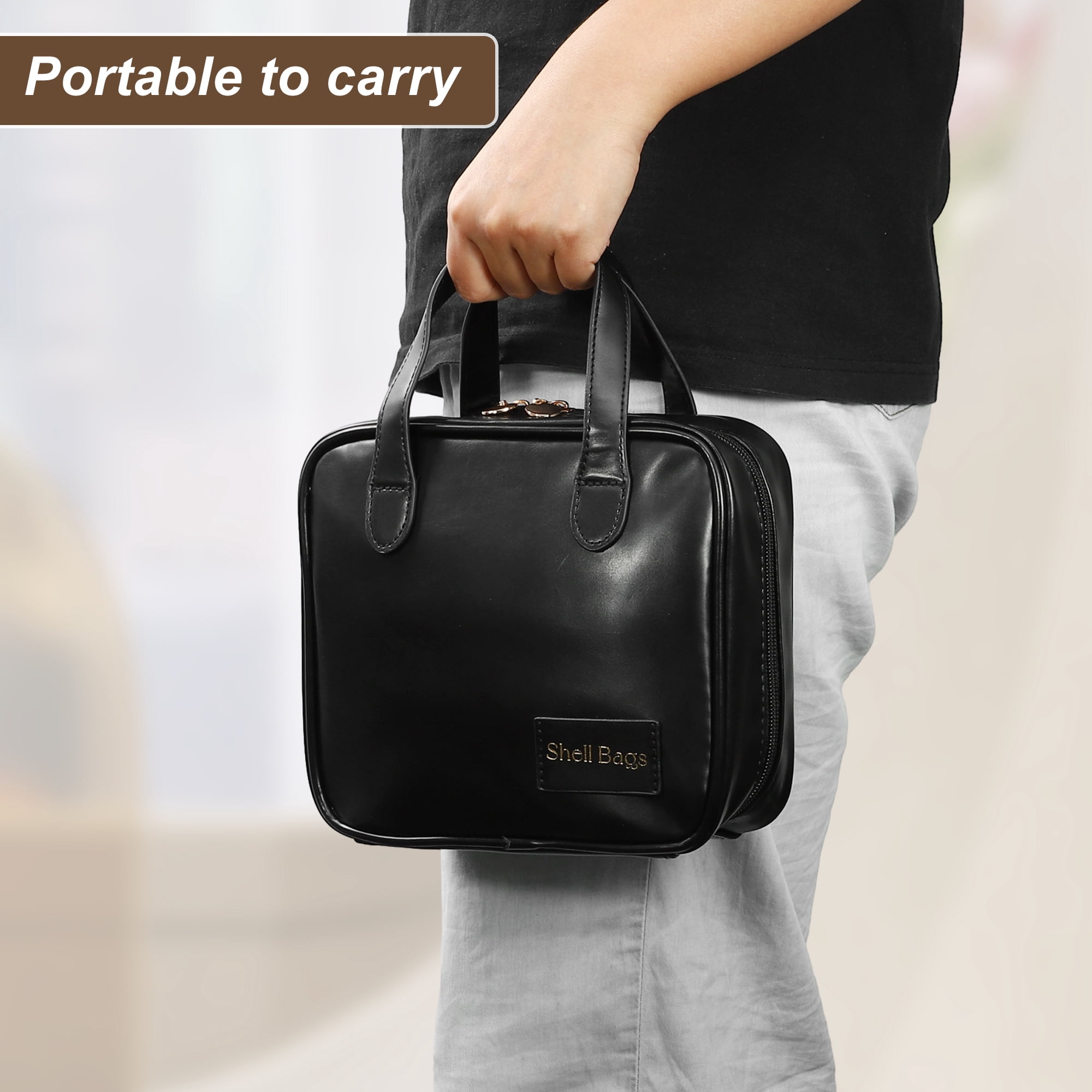 Unique Bargains Handhold Cosmetic Bag Portable Makeup Bag Makeup Pouch with Handle Black