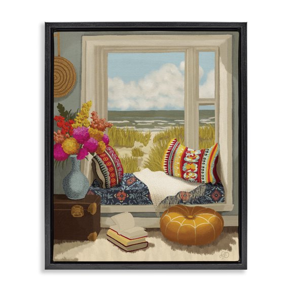 Stupell Industries Coastal Vacation Window Seat Black Framed Floater Canvas Wall Art, design by Lisa R Dumm