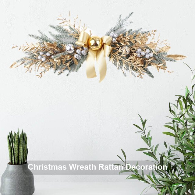 Rama navideña de ratán, guirnalda dorada, decoración decorativa para puerta delantera de fiesta (70cm)