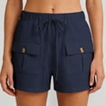thumbnail image 2 of Rggeeun Women'S Shorts Solid Color Elastic High Waist Cargo Soft Mid-Rise Loose Fit Straight Leg With Side Plus Pockets & Adjustable Tie For Summer Baseball Elegant Hot Pants,Blue,L, 2 of 6