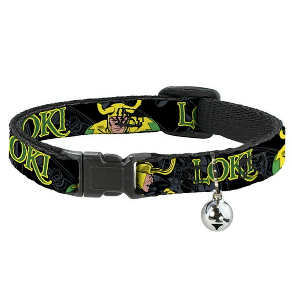 Marvel Comics Breakaway Cat Collar With Bell, Plastic Clip, Easy Adjustable, Loki In Action Black Gray Yellow Green, 8.5 to 12 Inches 0.5 Inch Wide
