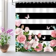 thumbnail image 3 of Striped Shower Curtain with Pink Roses, Pink Shower Curtain，Butterfly Shower Curtains Set with Hooks, Girly Shower Curtain for Bathroom 72x72 Inches, 3 of 6