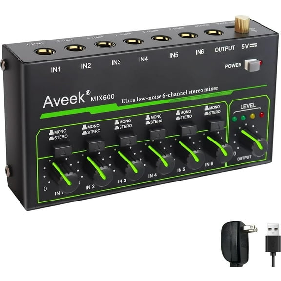 Aveek 6 Channel Mixer - Mini 6 Stereo Audio Mixer, Low-Noise for Precision Sub-Mixing,1/4" TRS Input/Output Ideal for Mics/Guitars/Bass/Stage - 3 x 5.8 x 1.3 inches