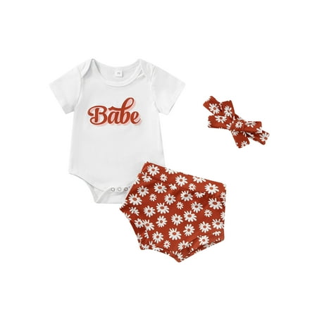 

Suanret Infant Girl Streetwear Set Letter Print Round Neck Short Sleeve Romper Daisy Print Shorts Headband White 6-12 Months
