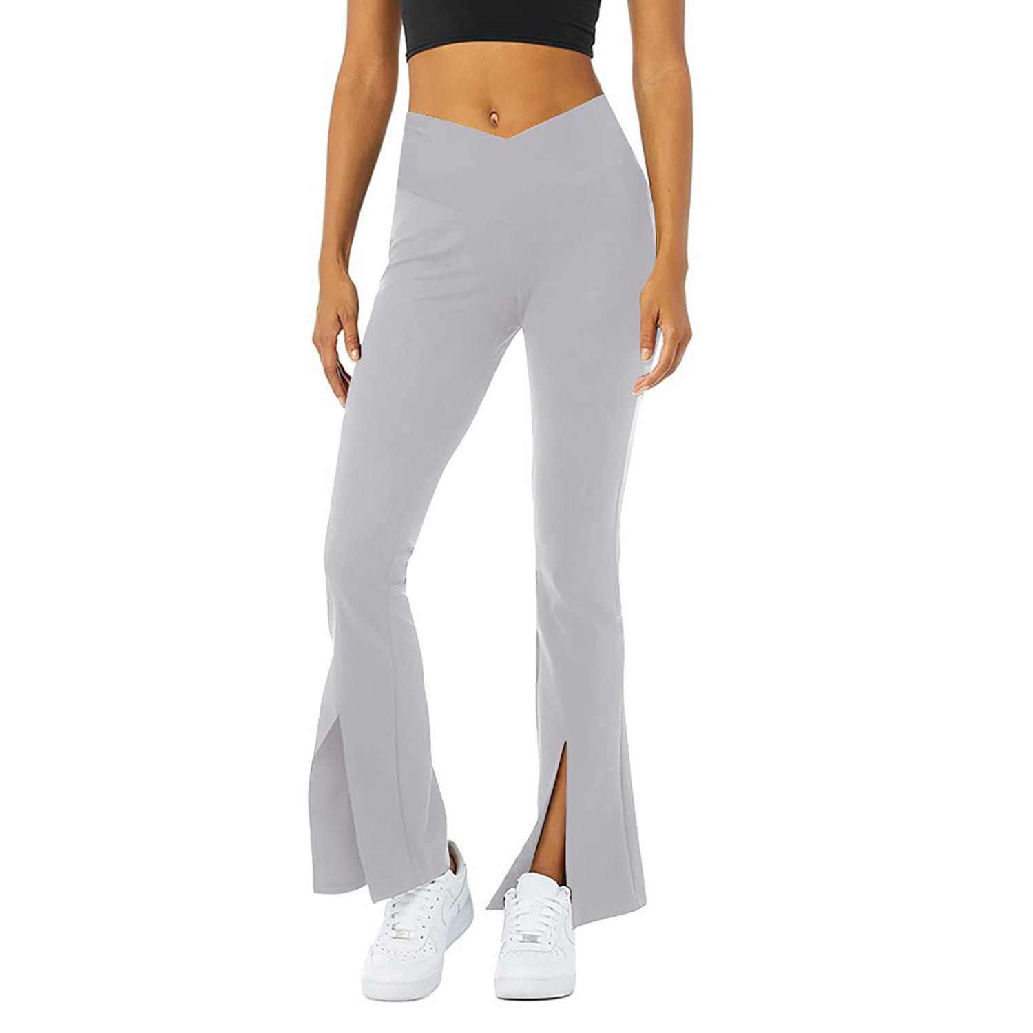 Delou Women's Crossover High Waist Boot Cut Yoga Pants Front Slit ...