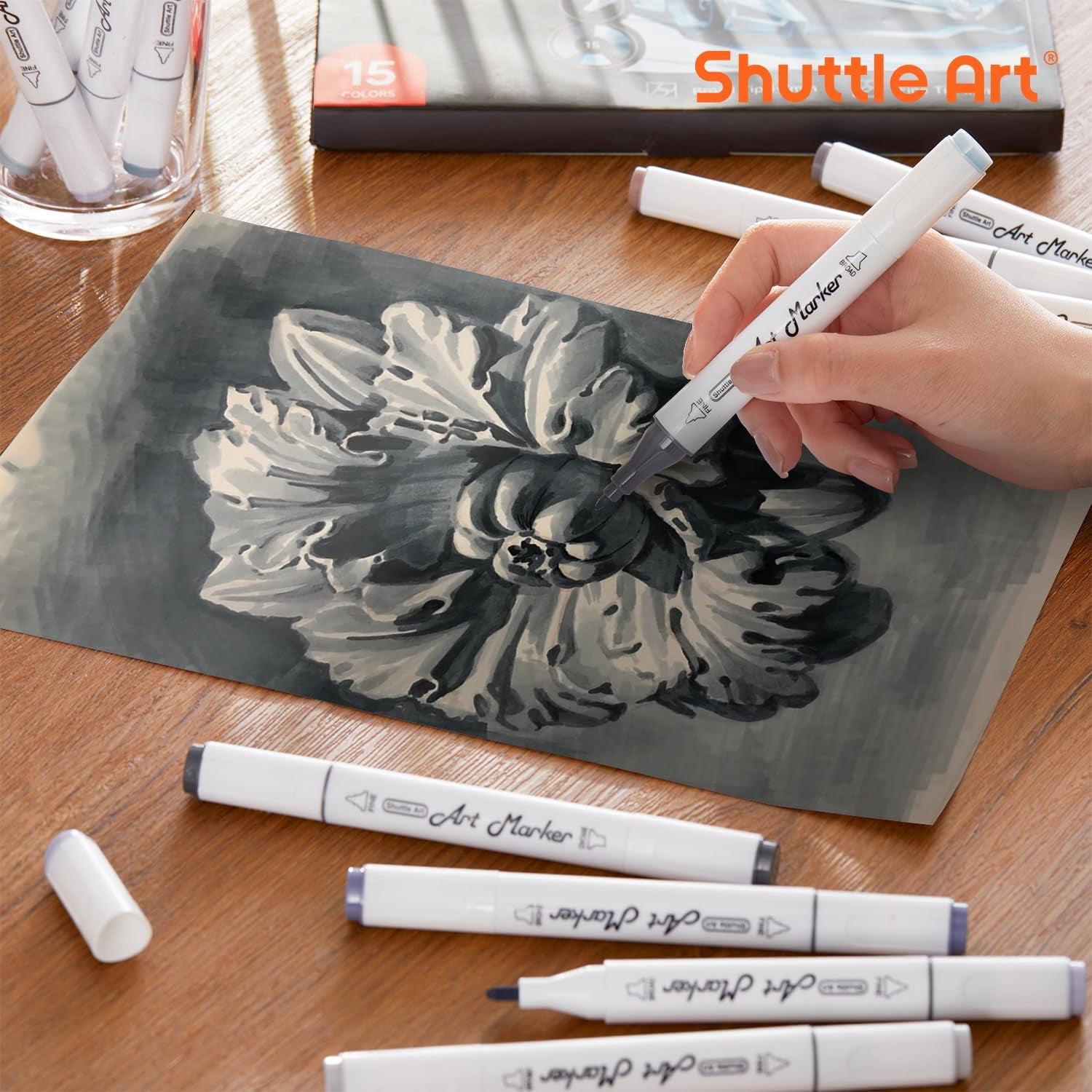 Shuttle Art Dual Tip Art Markers, Fine-Point, Gray, 15 Count Pack
