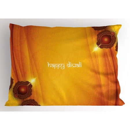 Curtain Sham Diwali Pillow Sham Curtain Like Tribal Inspired Backdrop with Wooden Oriental Style Carving Framework Print, Decorative Standard Queen Size Printed Pillowcase, 30 X 20 Inches, Yellow, by Ambesonne ()
