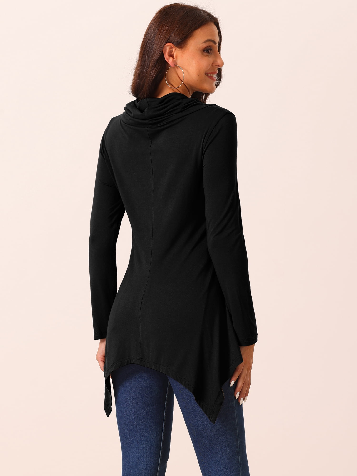 DARING DIVA Women's Cowl Neck Asymmetrical Hem Tunic Tops with Pockets Black S