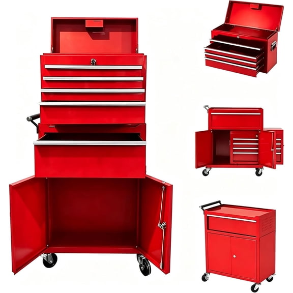 5-Drawer Heavy-Duty Rolling Tool Chest with Detachable Toolbox Lockable Red