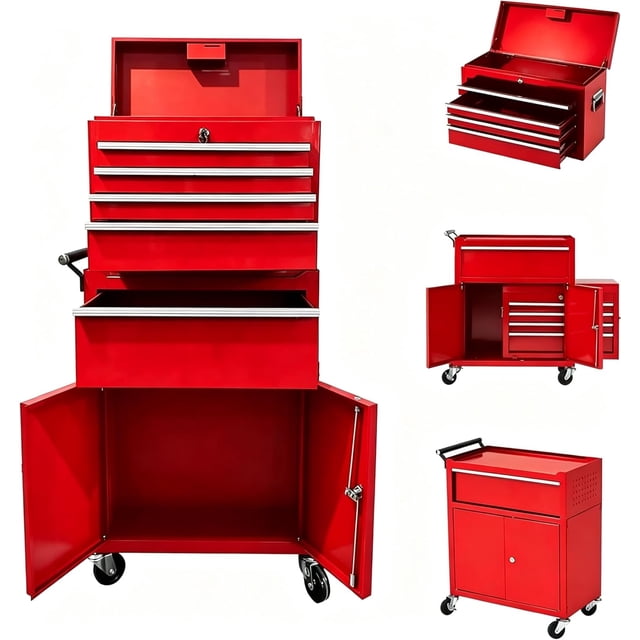 5-Drawer Rolling Tool Chest - Detachable Top Toolbox Lockable Steel Cabinet for Garage and Workshop Red