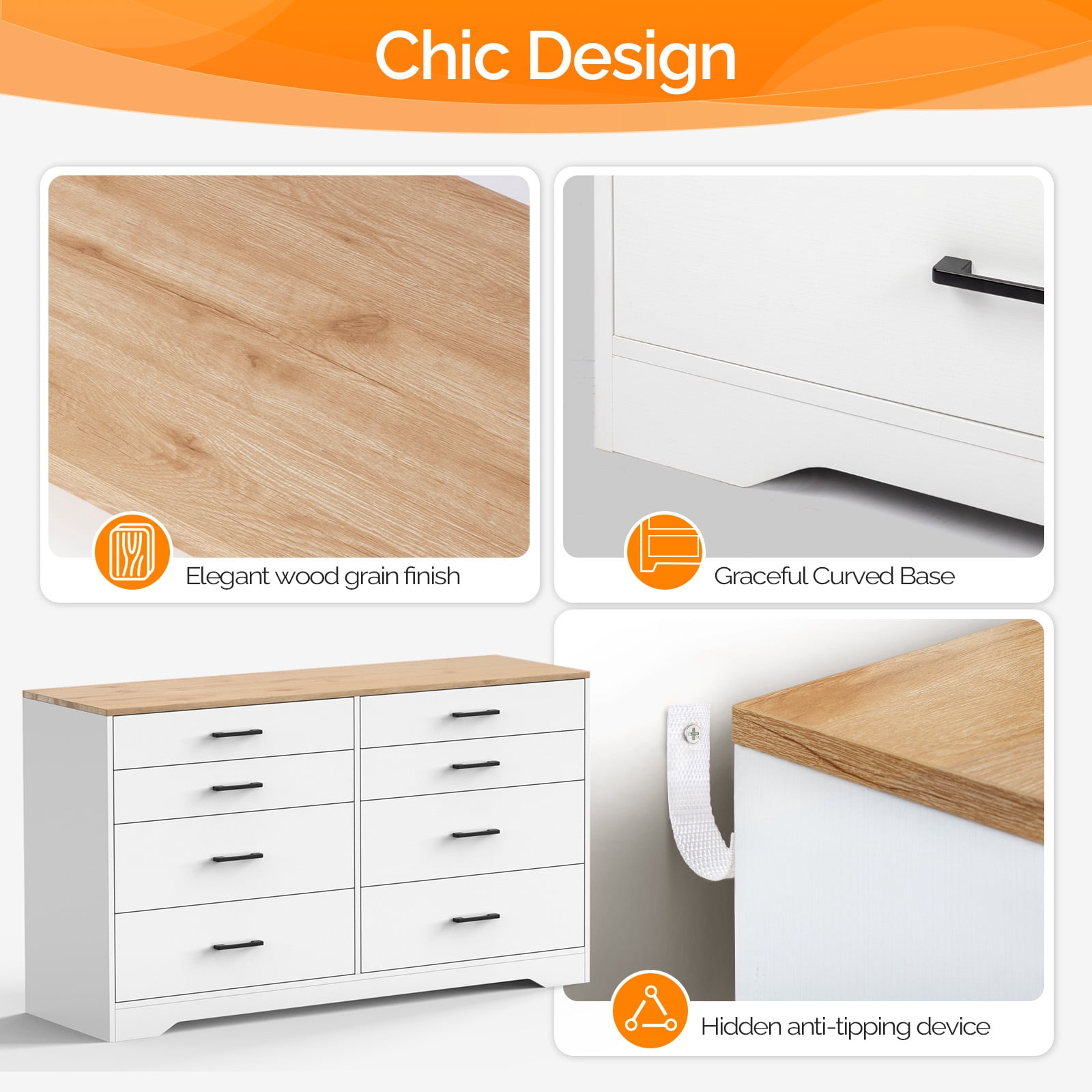Double-Row 8-Drawer Storage Cabinet, Particleboard with Melamine-Coated Drawers, 55.91 x 17.72 x 32.28 in, Brown & White