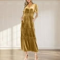 thumbnail image 2 of pimelu Dresses for Women Womens Dresses Party Comfy Gold Velvet Elastic Waist Pleated Swing Pocket Dress Summer Fashion Solid Short Sleeve V-Neck Ladies Long Dress, 2 of 6