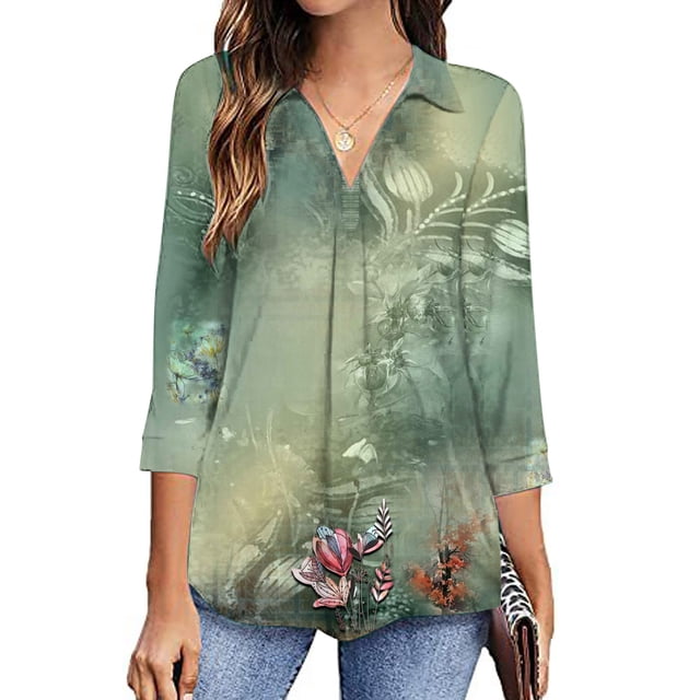 3/4 Chemises à Manches pour Femmes, Mode Femmes Nouveau Style Chemises Imprimées Florales Douces Confortables Col Rabattu Blouses Col en V Hauts Décontractés Chandail en Molleton