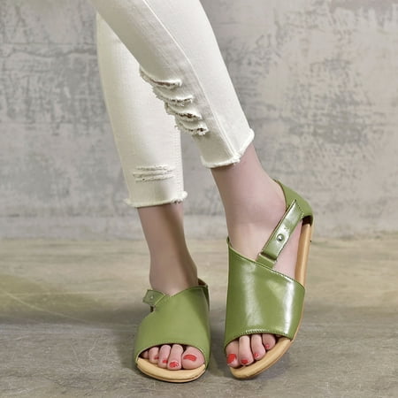

Sunvit Women s Flat Sandals- Casual Solid Summer Slide Sandals #832 Green