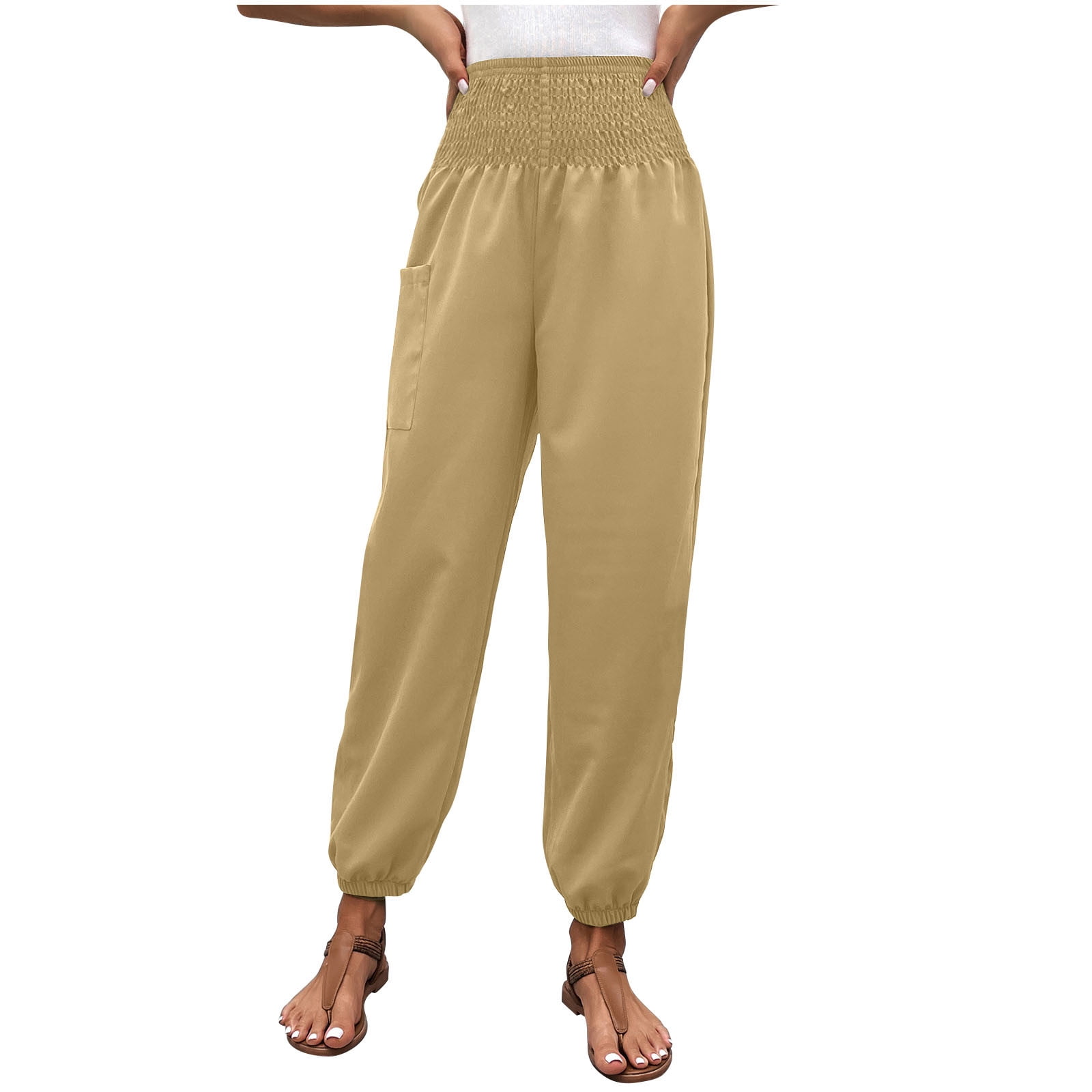 WHLBF Women's Plus Size Clearance Pants Solid Color Straight Wide Leg  Trousers with Pocket Khaki 6(M) 