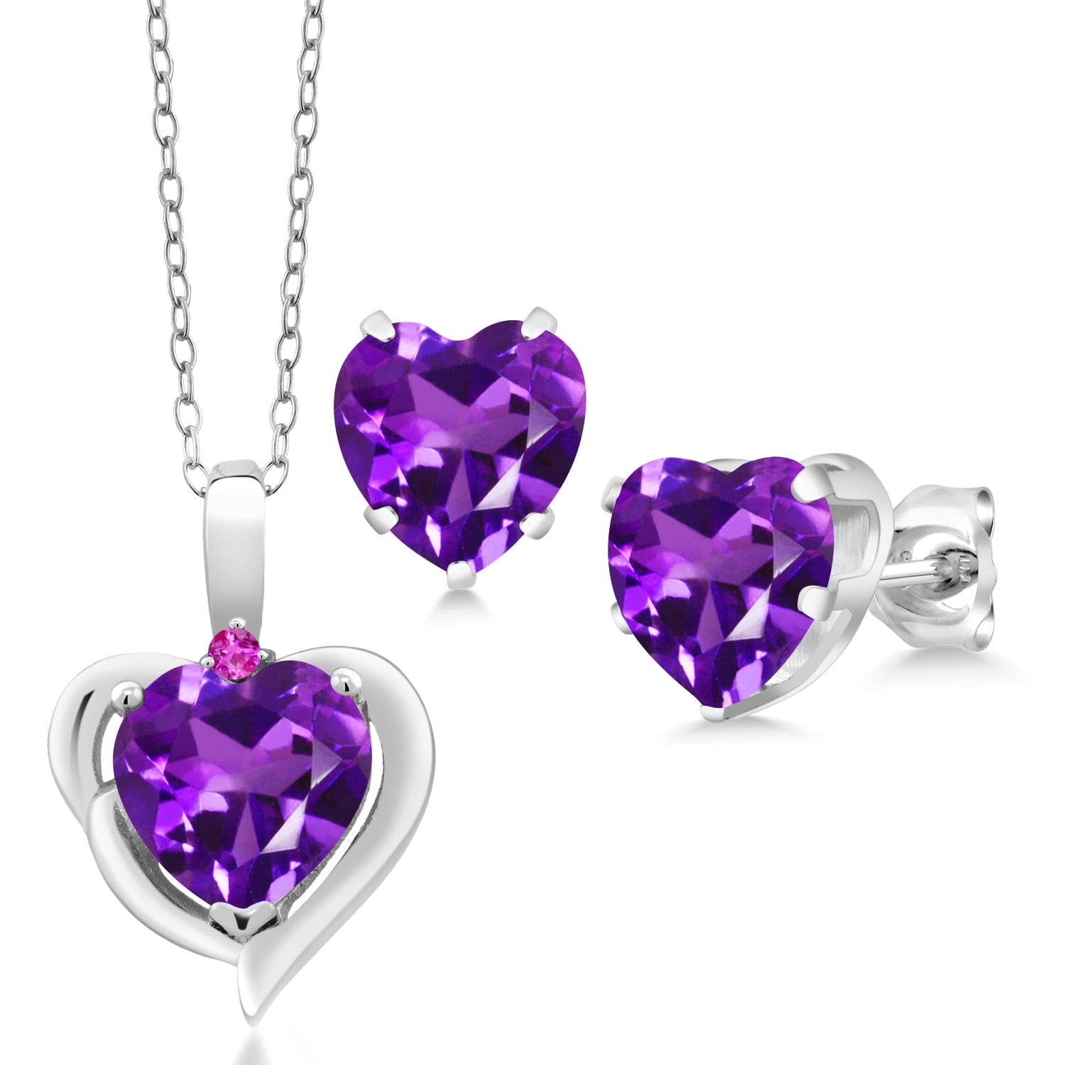 Gem Stone King 4.82 Ct Heart Shape Amethyst Pink Sapphire 925 Silver Pendant and Earrings Jewelry Set
