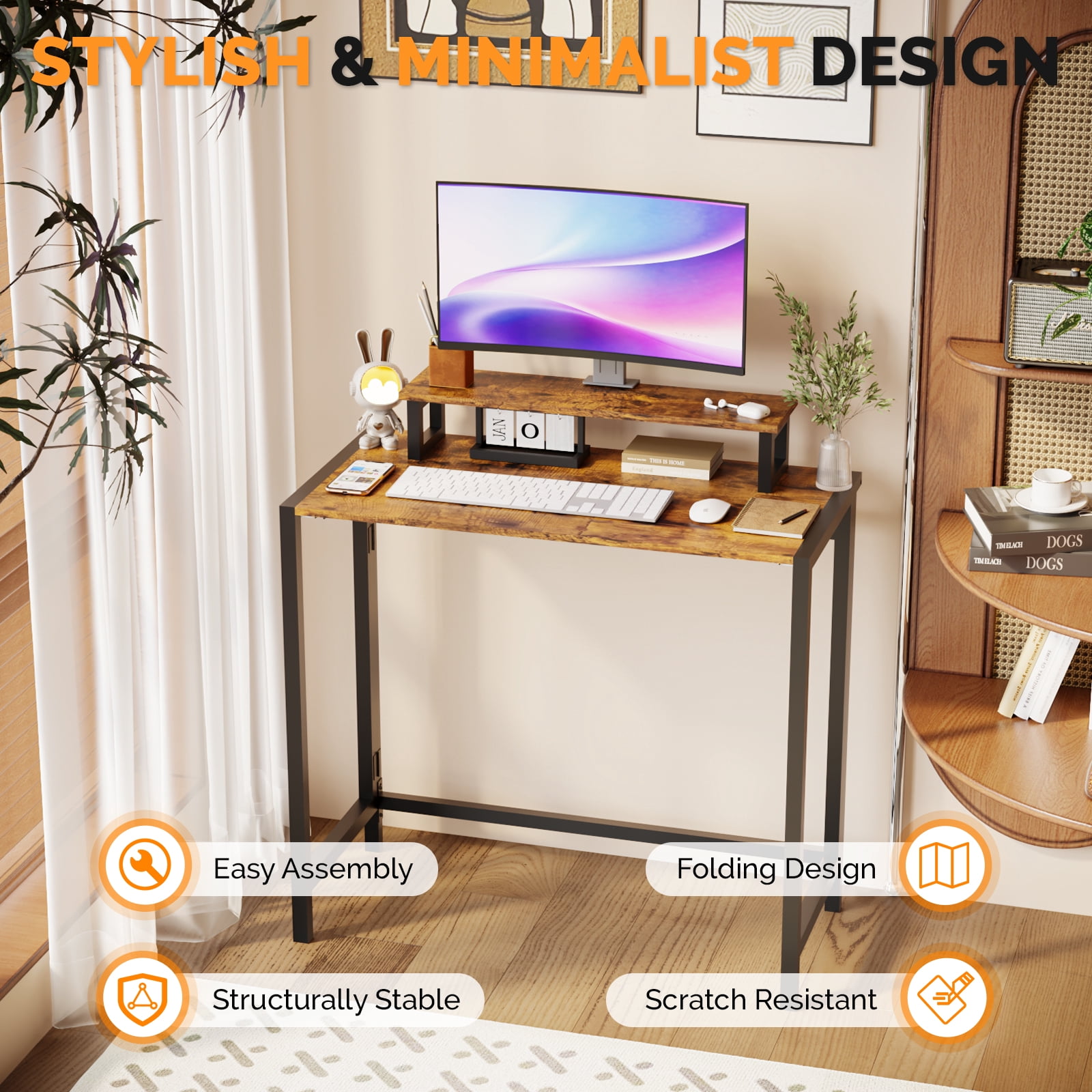 31.5 in Foldable Gaming Desk with Shelf and RGB Light, Brown & Black
