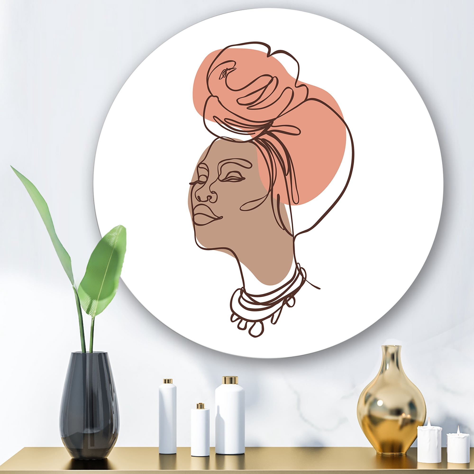Designart 'One Line Portrait of Afro American Woman IV' Modern Circle Metal Wall Art 11x11 - Disc of 11