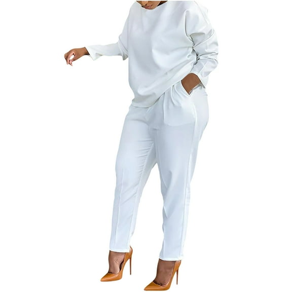 Clearance Women's Casual Autumn 2 Piece Outfits Long Sleeve Round Neck Loose Tops with Pencil Leg Capri Pants Solid Loungewear Sets