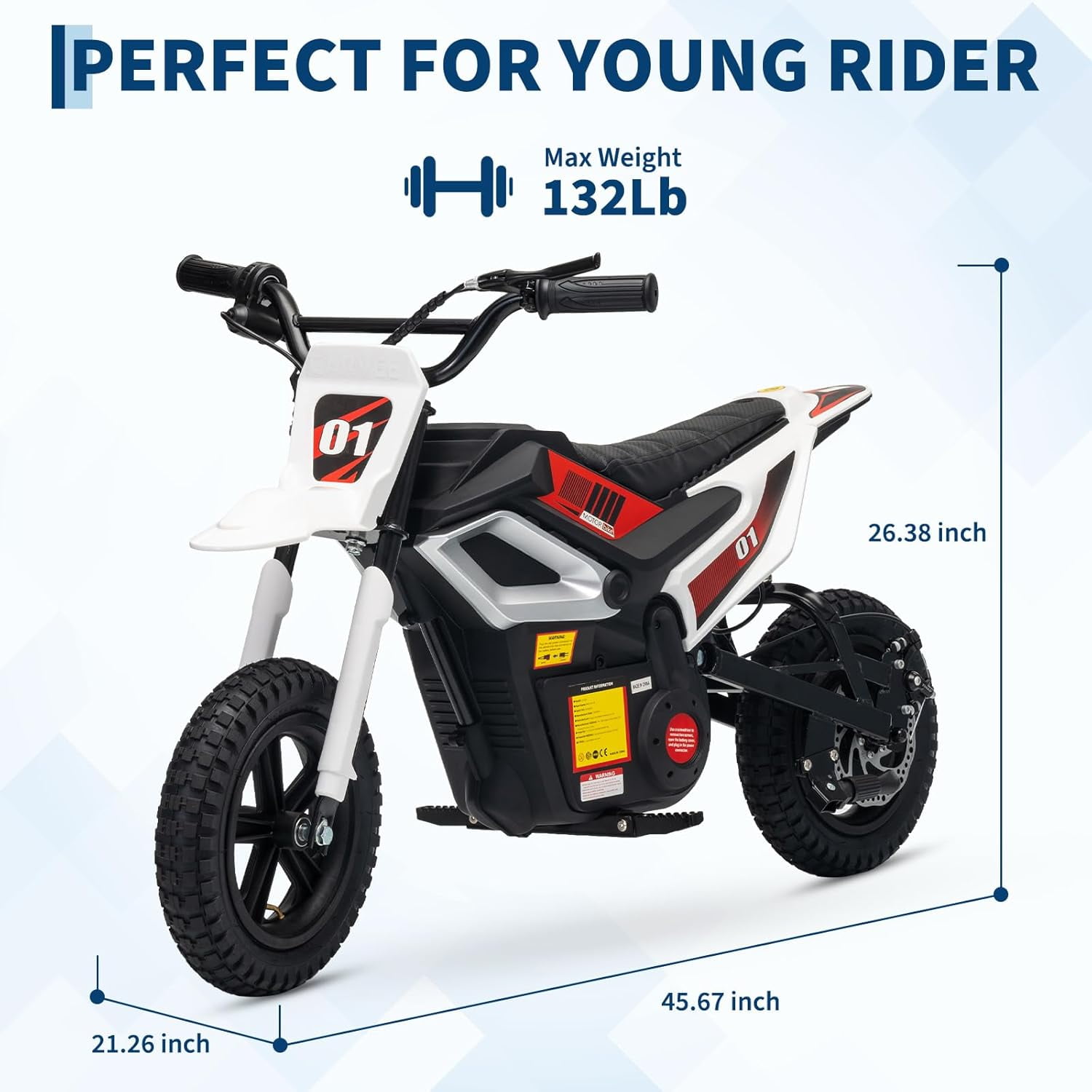 Rugerasy 24V Electric Dirt Bike,Ride on Motorcycle with Rear Wheel Suspension,12 Miles Range,Twist Grip Throttle,Rubber Tire,Birthday & Xmas Gifts,White