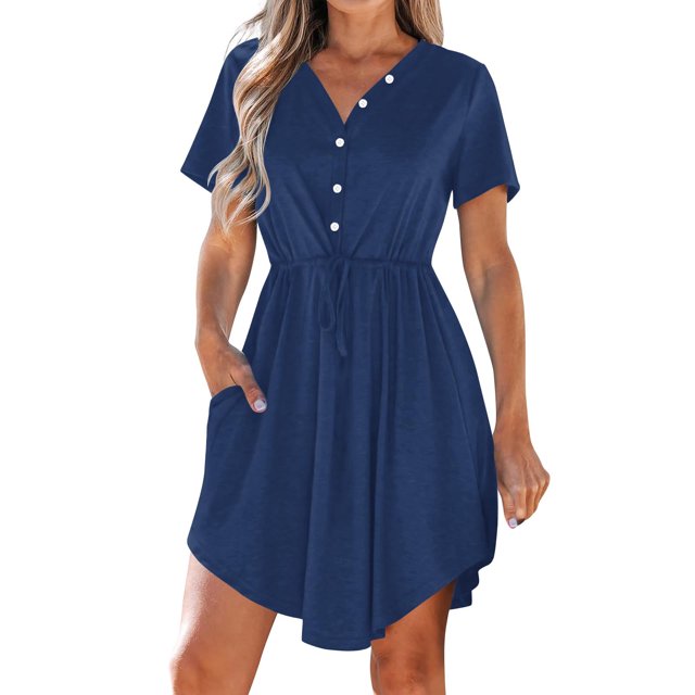 WRKEKC Liquidation d'Été! Robes d'Été pour Femmes 2025, Robes Décontractées pour Femmes, Robe d'Été Décontractée Col en V Manches Courtes Robes à Cordon avec Poches