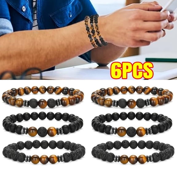 6PCS Mens Natural Stone Beaded Bracelets Stretch Adjustable Tiger Eye, Matte Agate, Lava Rock Beaded Bracelet Set for Men Gifts