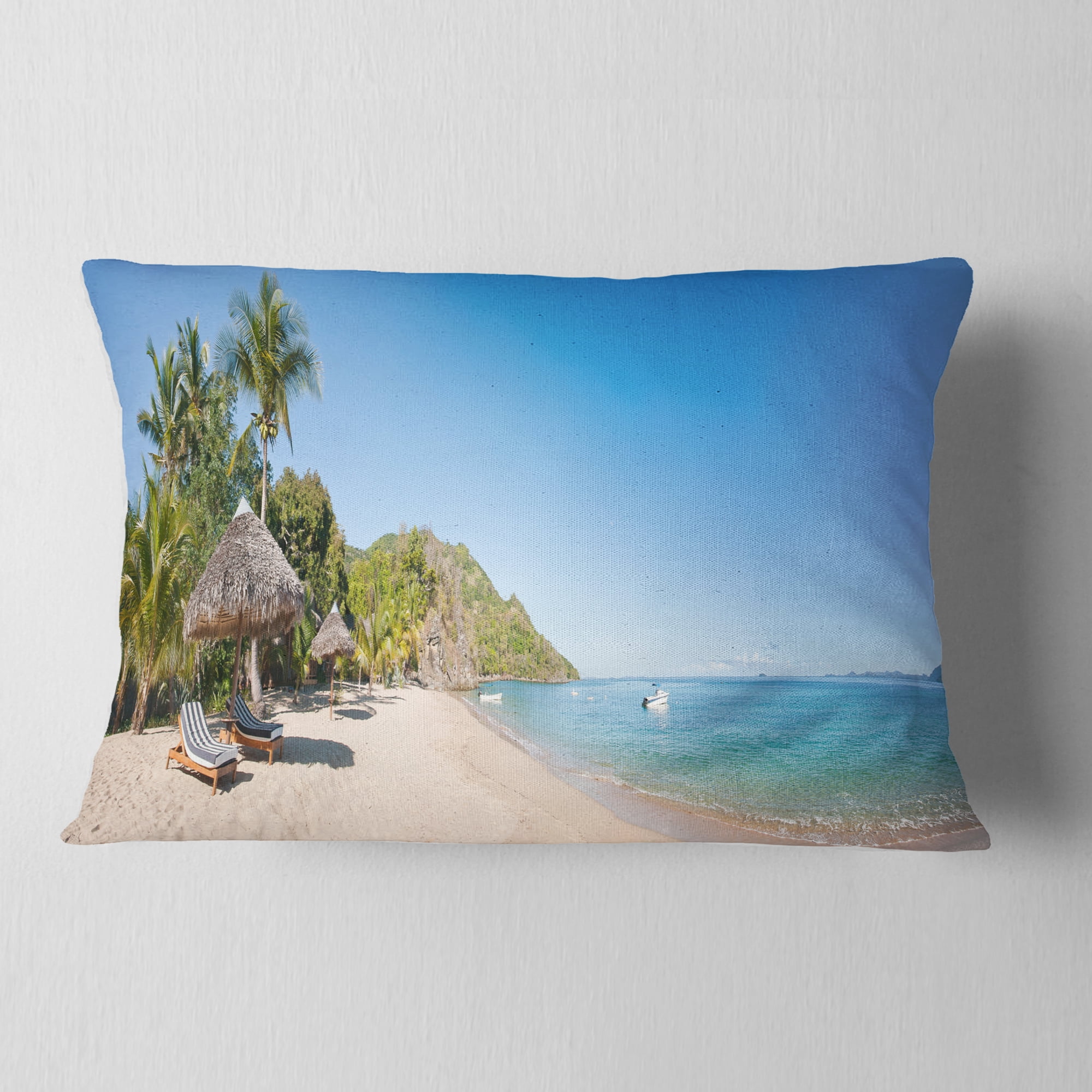 Designart Beach with Chairs and Umbrellas - Seashore Photo Throw Pillow - 12x20
