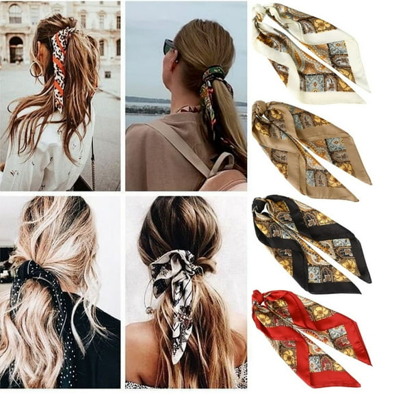 27 Inches Silk Feeling Square Head Scarf - 4 Pcs Satin Square Head Scarves for Women Hair Bandanas