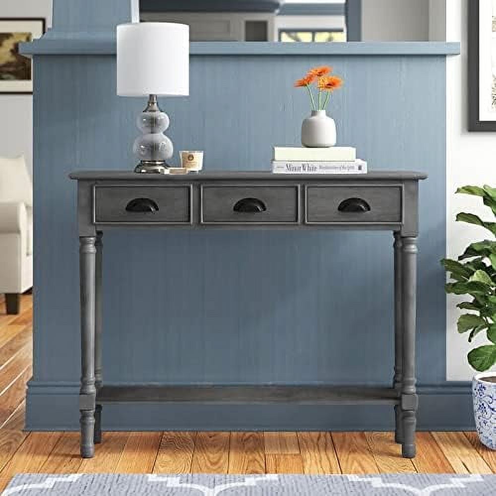 Urbanest Burlington Solid Wood Console Table with 3 Drawers & Lower Shelf – Entryway Table, Hallway Sofa Table, Narrow Accent Table for Living Room – 39.5″ × 9.5″ × 32″ – Vendee Gray Farmhouse Decor