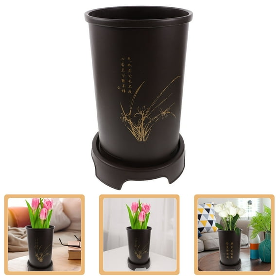 GARVALON 1 Set Decorative Orchid Containers Resin Black Cylindrical Planter 11.6x7.7x7.7in