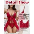 thumbnail image 3 of Ausing Womens Lingerie Set Open Front Ruffle Babydoll Dress Lace Up Mesh Wireless Nightdress See Through V Neck Chemise Nightie with Panties 2 Piece Wine Red M, 3 of 6