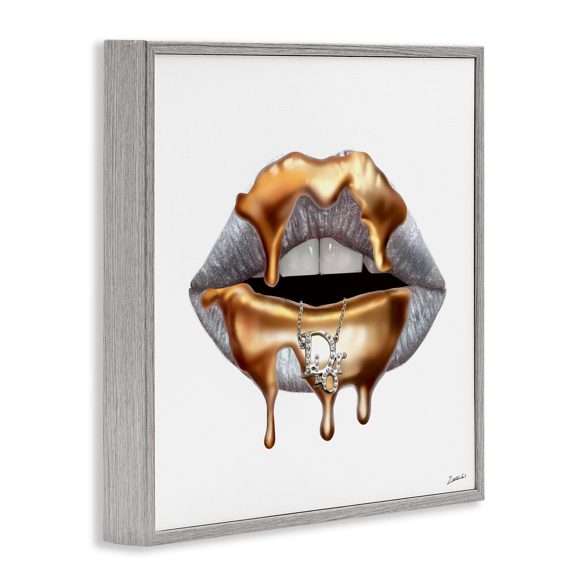 Stupell Industries Glam Silver Lip Gold Drip Beauty & Fashion Painting Gray Framed Art Print Wall Art, 17 x 17